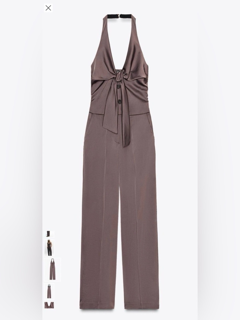 ZARA brown Satin Cowl-Neck Jumpsuit